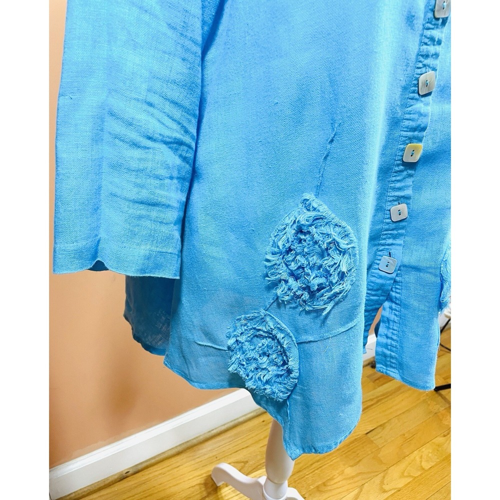 Ali Miles linen shirt Small resort tunic art to wear flowers Aqua blue - Picture 2 of 9